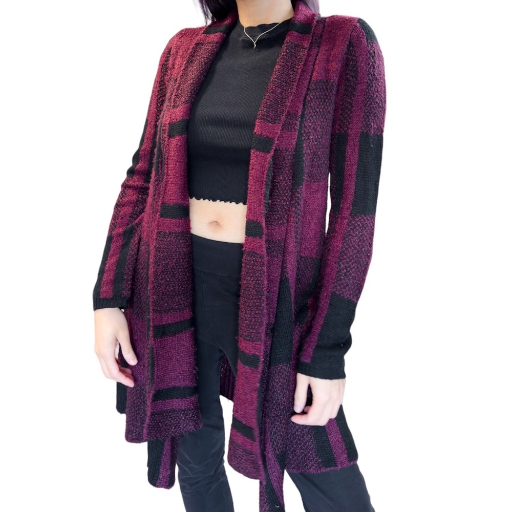 Style&Co Burgundy Red and Black Plaid Jacquard Knit Cardigan Sweater Size S
